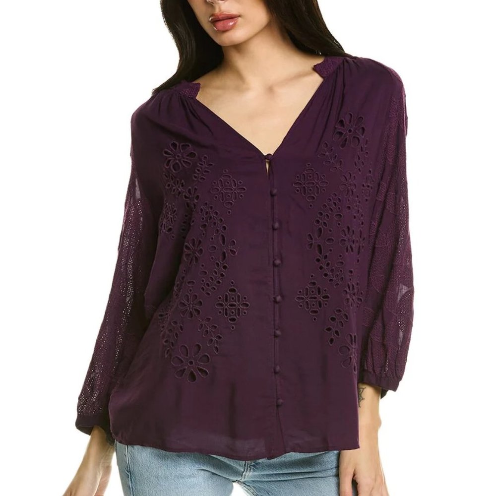 Johnny Was Purple Eyelet Boho Button-Front Top